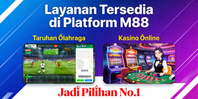 Gambar berbagai layanan yang tersedia di platform M88 seperti taruhan olahraga dan kasino online
